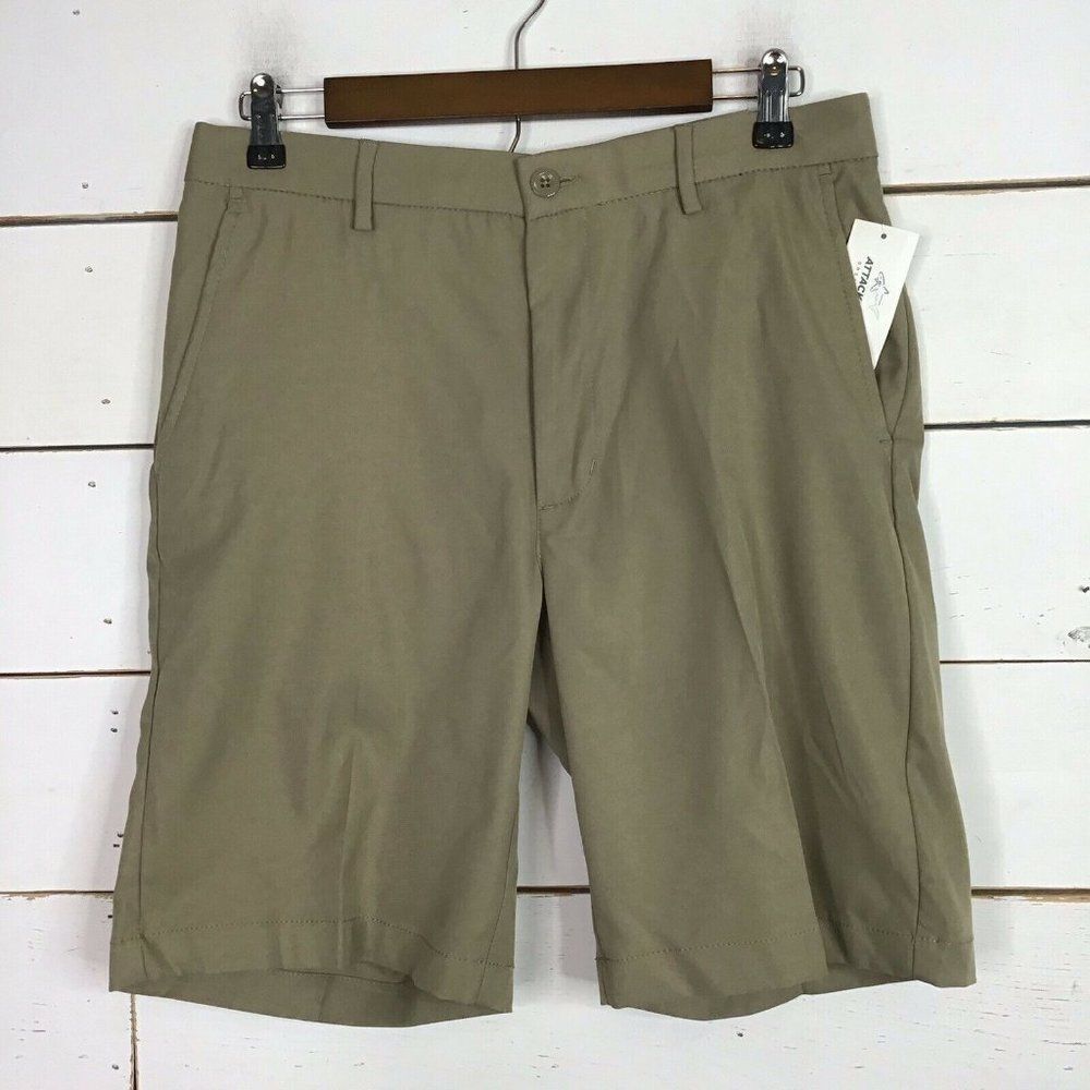 New Greg Norman Flat Front Shorts Stretch RapidDry Dusty Willow Tan Men's 36